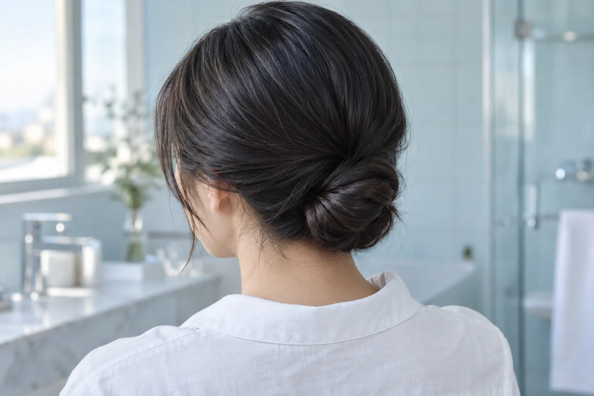 A rear view makes the low placement and tucked ends easy to see. The classic low bun — AI-generated inspiration.