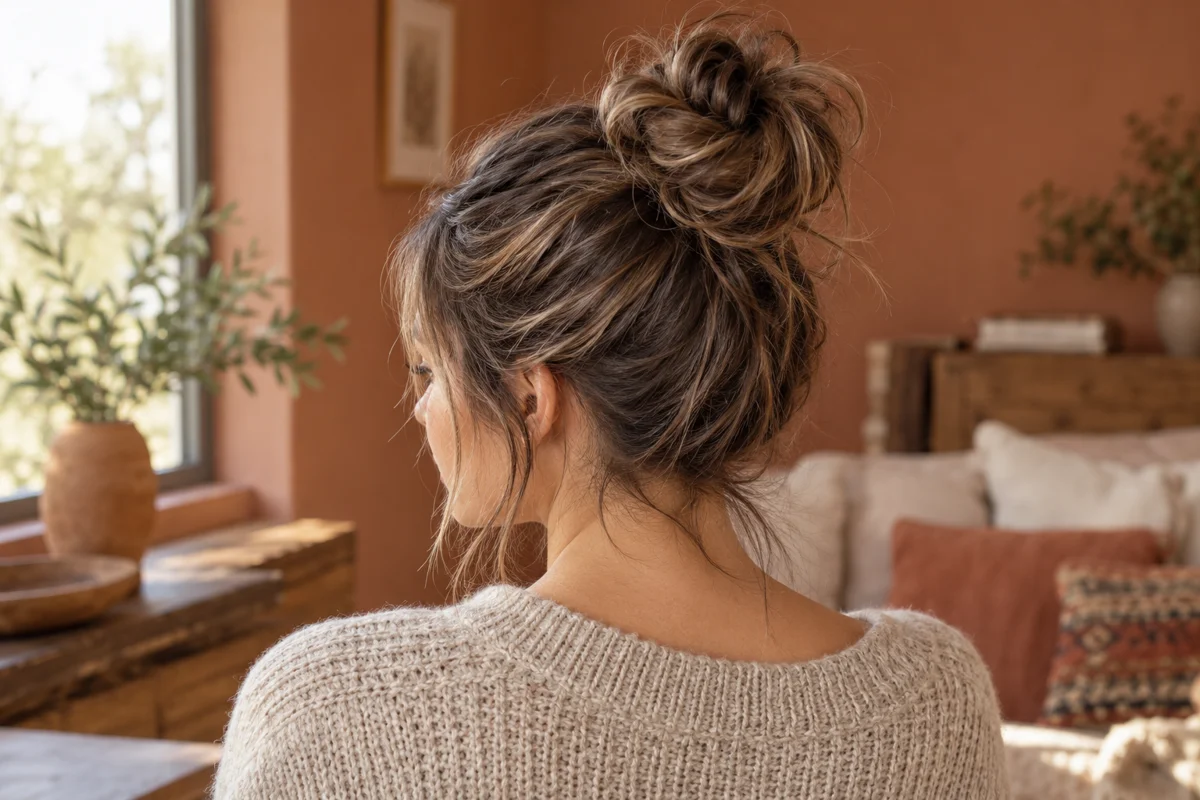 A higher bun, a textured finish, and warm surroundings give this look a different mood. The relaxed high messy bun — AI-generated inspiration.