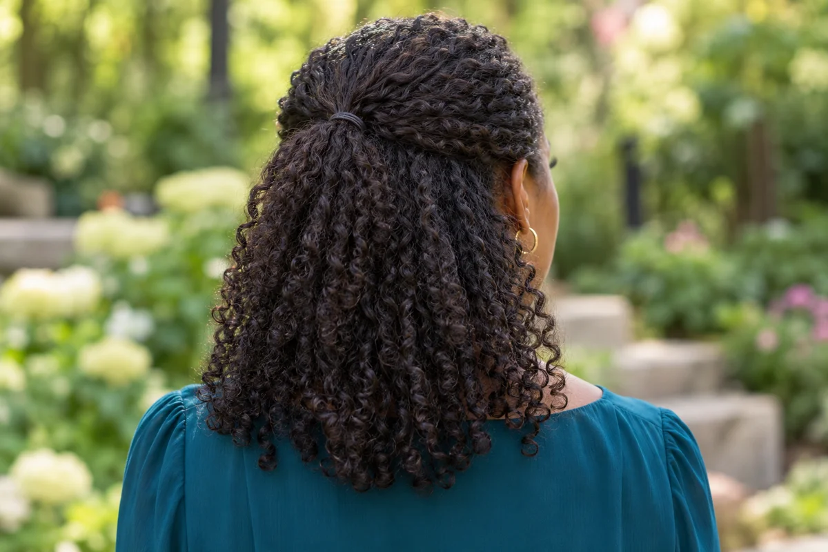 Loose curls below a small gathered section show what “half-up” means. The simple half-up, half-down ponytail — AI-generated inspiration.