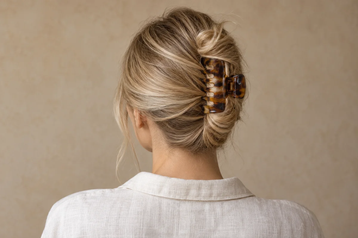 The back view shows the clip and vertical twist instead of hiding the fastening. The everyday claw clip twist — AI-generated inspiration.