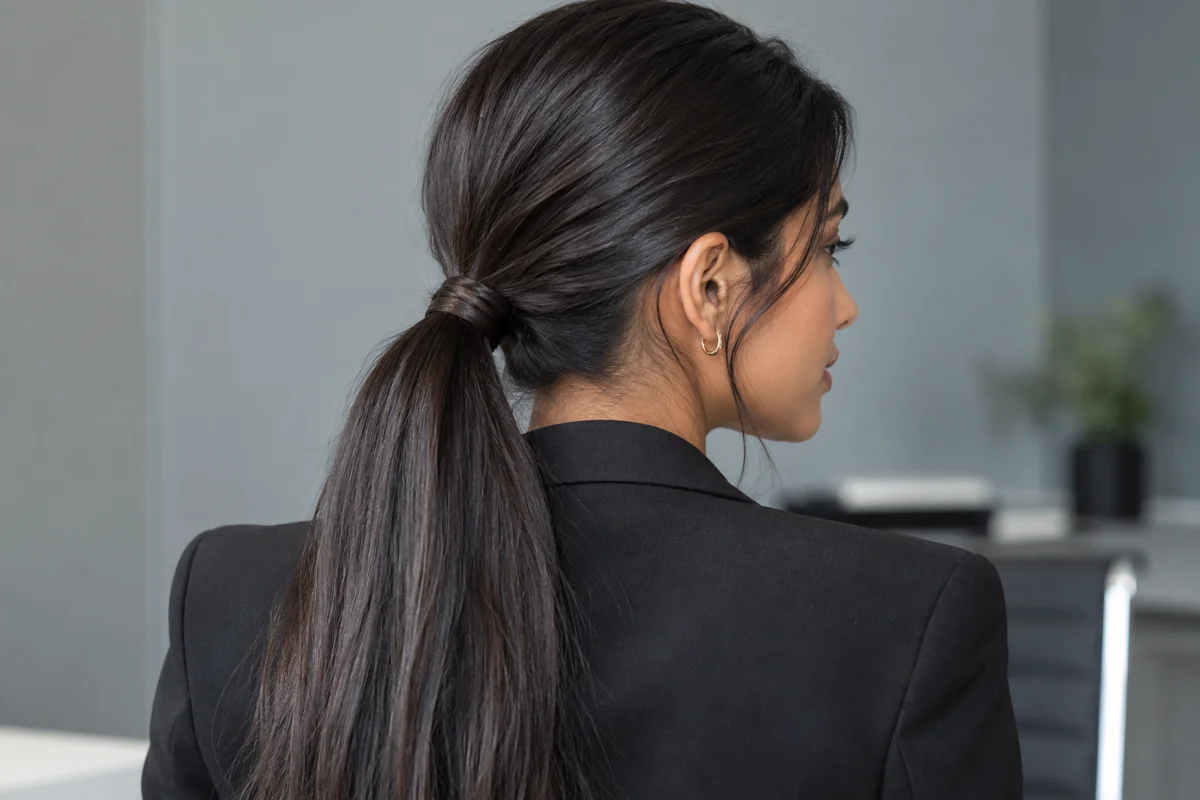 A low fastening and straight finish create a sharper silhouette than the textured updos. The polished low ponytail — AI-generated inspiration.