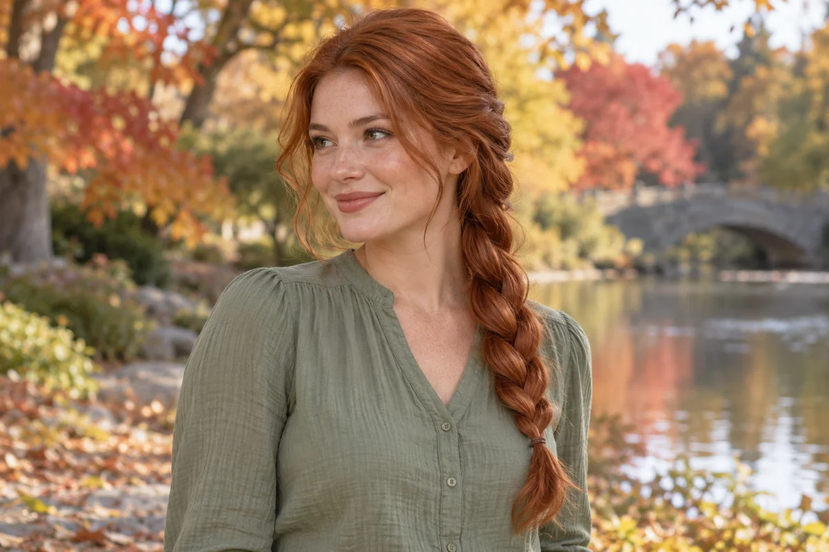 Copper hair and an outdoor setting distinguish the side braid from the other looks. The loose three-strand side braid — AI-generated inspiration.