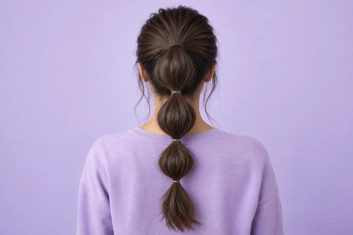 A rear view shows the separate rounded sections and visible elastics. The playful bubble ponytail — AI-generated inspiration.
