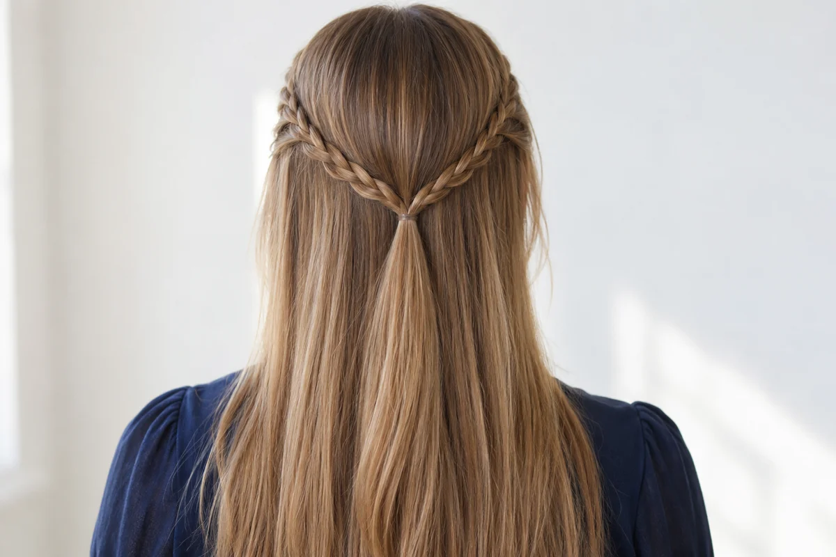 Both braids and their meeting point should be visible in a useful reference. Half-up mini braids — AI-generated inspiration.