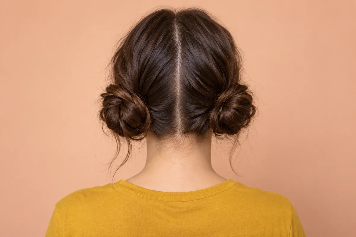 A straight rear view makes both low buns visible and clarifies the arrangement. Two low buns — AI-generated inspiration.