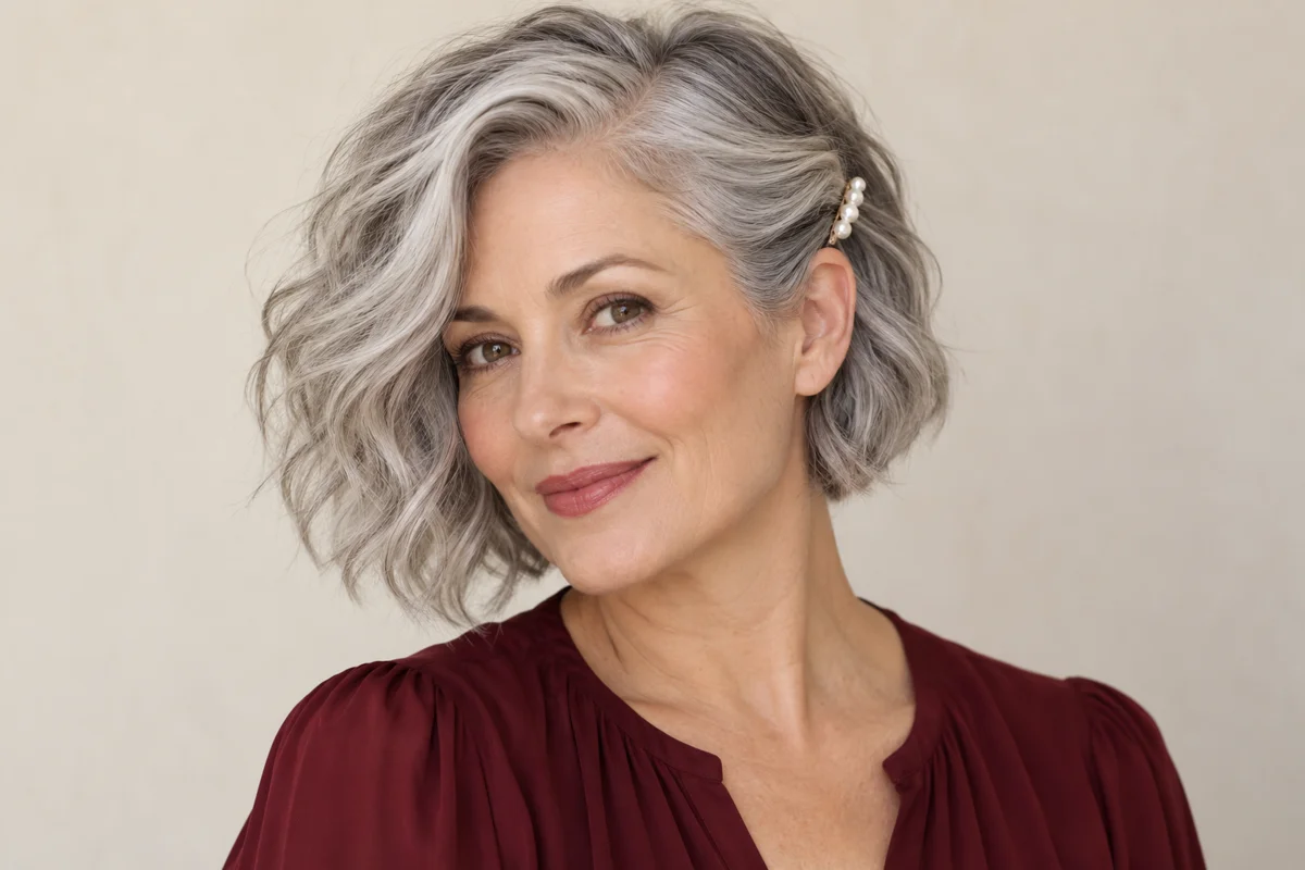 A silver bob demonstrates the short-hair variation instead of relying on another long-haired model. The side-swept bob with a clip — AI-generated inspiration.